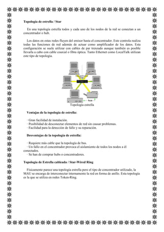 Topología de estrella / Star

  En una topología estrella todos y cada uno de los nodos de la red se conectan a un
concentrador o hub.

   Los datos en estas redes fluyen del emisor hasta el concentrador. Este controla realiza
todas las funciones de red además de actuar como amplificador de los datos. Esta
configuración se suele utilizar con cables de par trenzado aunque también es posible
llevarla a cabo con cable coaxial o fibra óptica. Tanto Ethernet como LocalTalk utilizan
este tipo de topología.




                                   Topología estrella

  Ventajas de la topología de estrella:

  · Gran facilidad de instalación.
  · Posibilidad de desconectar elementos de red sin causar problemas.
  · Facilidad para la detección de fallo y su reparación.

  Desventajas de la topología de estrella:

  · Requiere más cable que la topología de bus.
  · Un fallo en el concentrador provoca el aislamiento de todos los nodos a él
conectados.
  · Se han de comprar hubs o concentradores.

Topología de Estrella cableada / Star-Wired Ring

   Físicamente parece una topología estrella pero el tipo de concentrador utilizado, la
MAU se encarga de interconectar internamente la red en forma de anillo. Esta topología
es la que se utiliza en redes Token-Ring.
 
