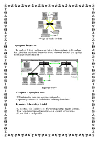 Topología de estrella cableada


Topología de Árbol / Tree

   La topología de árbol combina características de la topología de estrella con la de
bus. Consiste en un conjunto de subredes estrella conectadas a un bus. Esta topología
facilita el crecimiento de la red.




                                   Topología de árbol

  Ventajas de la topología de árbol:

  · Cableado punto a punto para segmentos individuales.
  · Soportado por multitud de vendedores de software y de hardware.

  Desventajas de la topología de árbol:

  · La medida de cada segmento viene determinada por el tipo de cable utilizado.
  · Si se viene abajo el segmento principal todo el segmento se viene abajo.
  · Es más difícil la configuración.
 