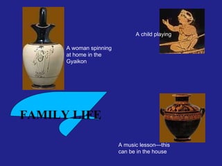 FAMILY LIFE  A woman spinning at home in the Gyaikon A child playing A music lesson—this can be in the house 