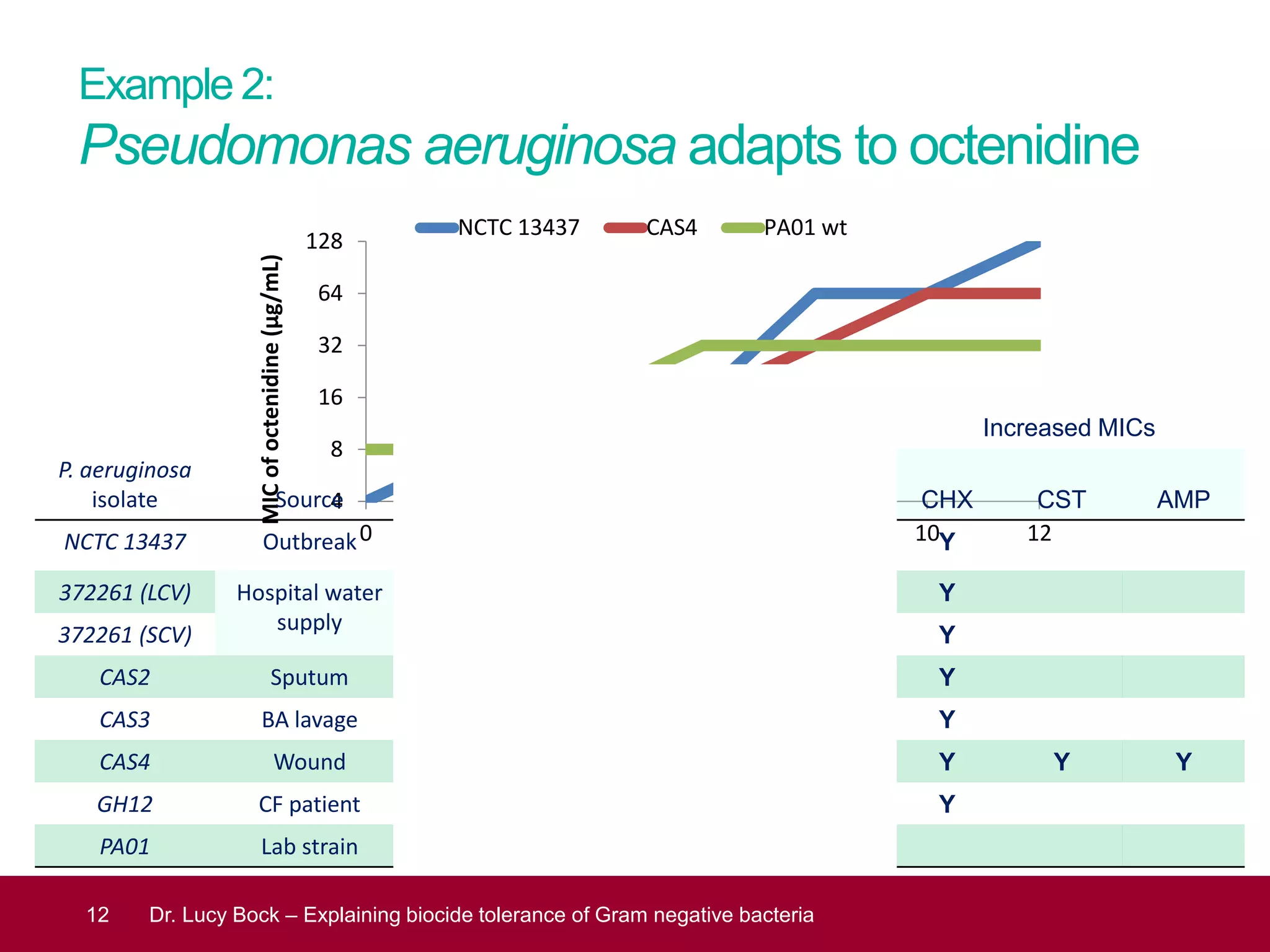Example 2:
Pseudomonas aeruginosa adapts to octenidine
12 Dr. Lucy Bock – Explaining biocide tolerance of Gram negative bacteria
4
8
16
32
64
128
0 2 4 6 8 10 12
MICofoctenidine(μg/mL)
Days
NCTC 13437 CAS4 PA01 wt
P. aeruginosa
isolate Source
after 10 x passage in absence of octenidine
stable mutations in: Increased MICs
Efflux
gene A
Lipid modification
genes A and B pmrB CHX CST AMP
NCTC 13437 Outbreak Trun51 aa D240E - - Y
372261 (LCV) Hospital water
supply
R3C V222G - - Y
372261 (SCV) Del369 bp - - - Y
CAS2 Sputum Del48-53 D240G - S284N Y
CAS3 BA lavage A143P V222G - - Y
CAS4 Wound Del83-108 - T124M T132P Y Y Y
GH12 CF patient Del106-109 V222G - - Y
PA01 Lab strain Del106-109 - - -
 