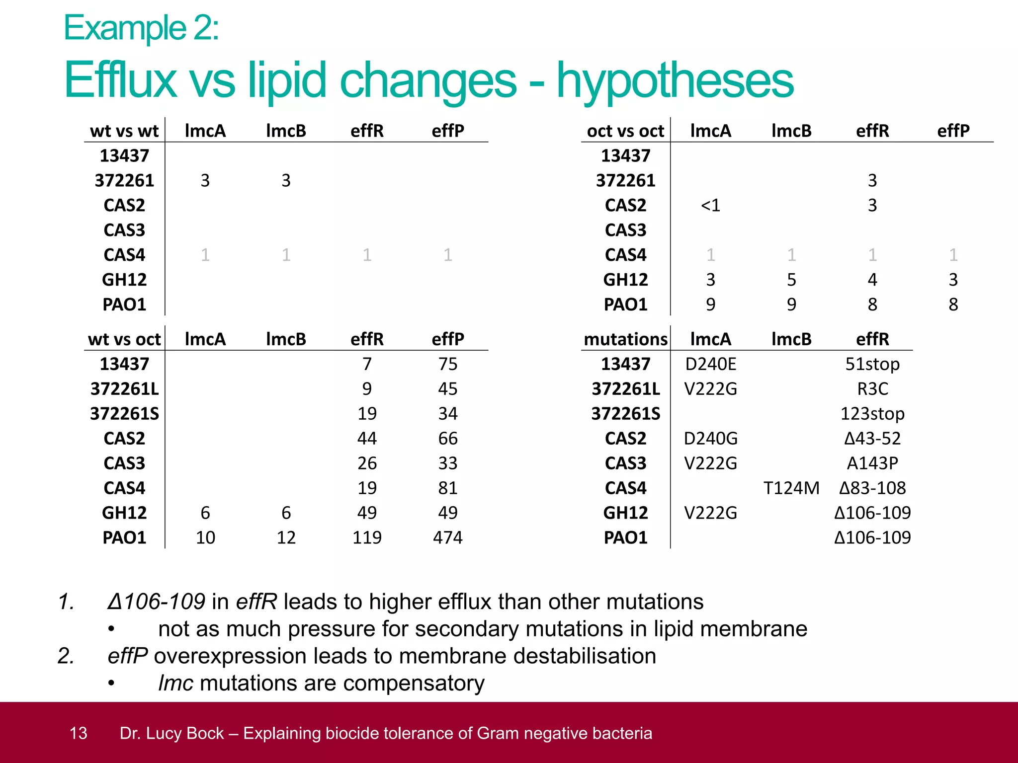 Example 2:
Efflux vs lipid changes - hypotheses
13 Dr. Lucy Bock – Explaining biocide tolerance of Gram negative bacteria
1. Δ106-109 in effR leads to higher efflux than other mutations
• not as much pressure for secondary mutations in lipid membrane
2. effP overexpression leads to membrane destabilisation
• lmc mutations are compensatory
wt vs wt lmcA lmcB effR effP
13437
372261 3 3
CAS2
CAS3
CAS4 1 1 1 1
GH12
PAO1
oct vs oct lmcA lmcB effR effP
13437
372261 3
CAS2 <1 3
CAS3
CAS4 1 1 1 1
GH12 3 5 4 3
PAO1 9 9 8 8
wt vs oct lmcA lmcB effR effP
13437 7 75
372261L 9 45
372261S 19 34
CAS2 44 66
CAS3 26 33
CAS4 19 81
GH12 6 6 49 49
PAO1 10 12 119 474
mutations lmcA lmcB effR
13437 D240E 51stop
372261L V222G R3C
372261S 123stop
CAS2 D240G Δ43-52
CAS3 V222G A143P
CAS4 T124M Δ83-108
GH12 V222G Δ106-109
PAO1 Δ106-109
 