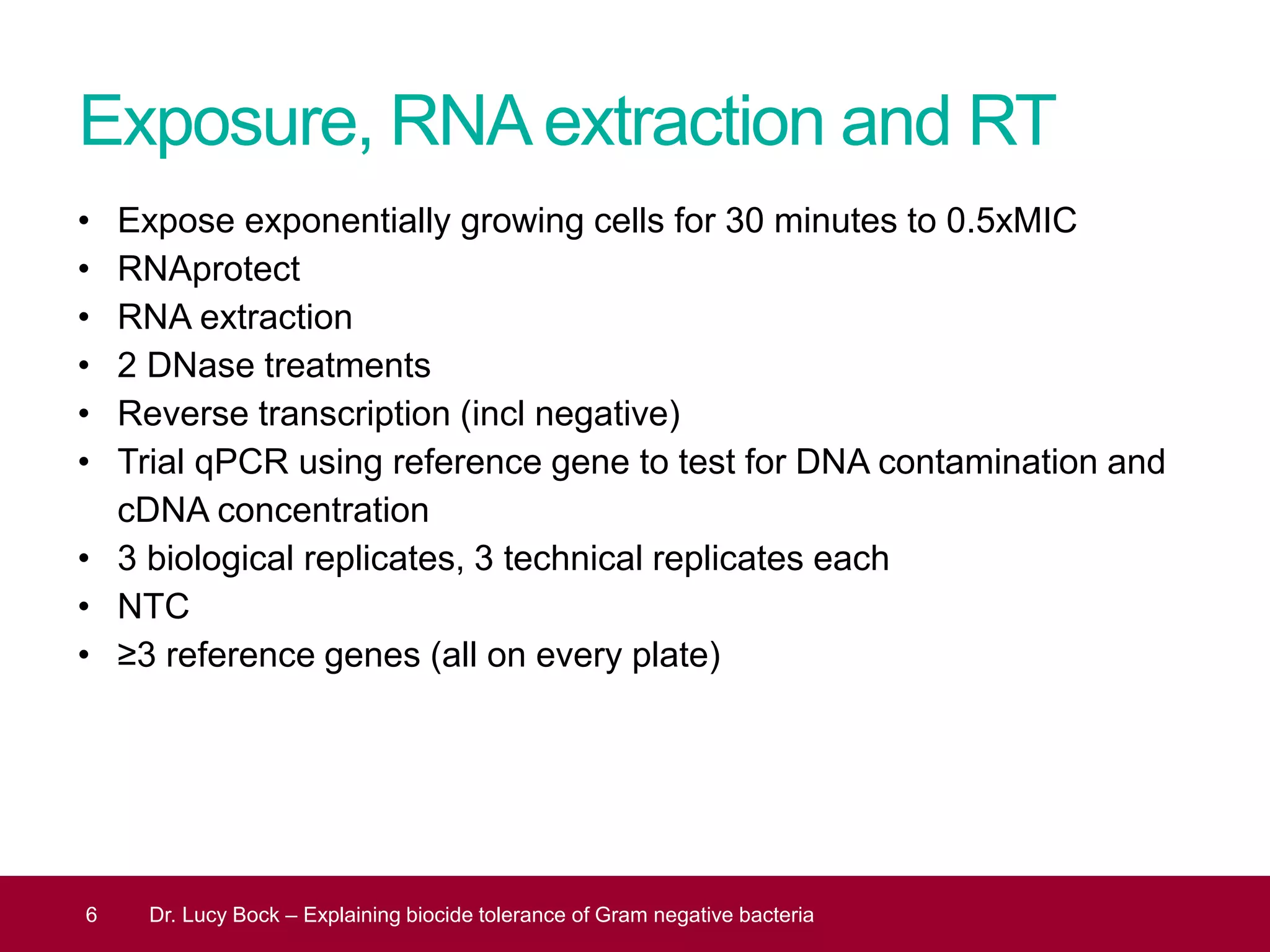 Exposure, RNAextraction and RT
• Expose exponentially growing cells for 30 minutes to 0.5xMIC
• RNAprotect
• RNA extraction
• 2 DNase treatments
• Reverse transcription (incl negative)
• Trial qPCR using reference gene to test for DNA contamination and
cDNA concentration
• 3 biological replicates, 3 technical replicates each
• NTC
• ≥3 reference genes (all on every plate)
6 Dr. Lucy Bock – Explaining biocide tolerance of Gram negative bacteria
 