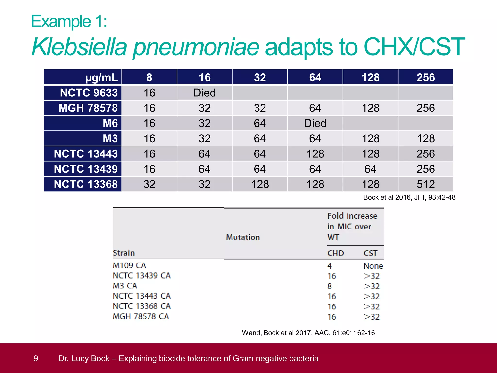 Example 1:
Klebsiella pneumoniae adapts to CHX/CST
9 Dr. Lucy Bock – Explaining biocide tolerance of Gram negative bacteria
Bock et al 2016, JHI, 93:42-48
Wand, Bock et al 2017, AAC, 61:e01162-16
µg/mL 8 16 32 64 128 256
NCTC 9633 16 Died
MGH 78578 16 32 32 64 128 256
M6 16 32 64 Died
M3 16 32 64 64 128 128
NCTC 13443 16 64 64 128 128 256
NCTC 13439 16 64 64 64 64 256
NCTC 13368 32 32 128 128 128 512
 