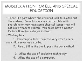 Modification for ell and special EDUCATIONThere is a part where she requires kids to sketch out their ideas.  Some kids are uncomfortable with sketching or may have some physical issues that will not allow them to sketch.  You could have a Sketch Picture Bank for collages instead.  Writing time	1.  You can pair kids from the very start where one child serves as a scribe.2.   Use a fill in the blank, pass the pen method. 	           3.  Allow the use of assistive technology.4.   Allow the use of a computer.