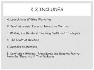 K-2 includesA. Launching a Writing WorkshopB. Small Moments: Personal Narrative Writingc. Writing for Readers: Teaching Skills and Strategiesd. The Craft of Revisione. Authors as Mentorsf. Nonfiction Writing:  Procedures and Reports Poetry: Powerful Thoughts in Tiny Packages