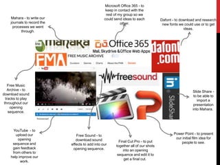 Mahara - to write our
journals to record the
processes we went
through.
Slide Share -
to be able to
import a
presentation
into Mahara.
Microsoft Office 365 - to
keep in contact with the
rest of my group so we
could send ideas to each
other.
Dafont - to download and research
new fonts we could use or to get
ideas.
Free Music
Archive - to
download sound
tracks to play
throughout our
opening
sequence.
YouTube - to
upload our
opening
sequence and
gain feedback
from others to
help improve our
work.
Free Sound - to
download sound
effects to add into our
opening sequence.
Final Cut Pro - to put
together all of our shots
into an opening
sequence and edit it to
get a final cut.
Power Point - to present
our initial film idea for
people to see.
 