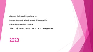 Alumna: Espinoza Quiroz Lucy Lee
Unidad Didáctica: Algoritmos de Programación
IGN: Cerapio Amache Choque
AÑO: “AÑO DE LA UNIDAD, LA PAZ Y EL DESARROLLO”
2023
 