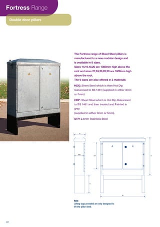 Fortress Range
Double door pillars
HDH
W
R
WD
D
The Fortress range of Sheet Steel pillars is
manufactured to a new modular design and
is available in 9 sizes.
Sizes 14,16,18,20 are 1300mm high above the
root and sizes 22,24,26,28,30 are 1600mm high
above the root.
The 9 sizes are also offered in 3 materials:
HDG: Sheet Steel which is then Hot Dip
Galvanised to BS 1461 (supplied in either 3mm
or 5mm).
HDP:
STP:
Note
Lifting lugs provided are only designed to
lift the pillar shell.
22
 