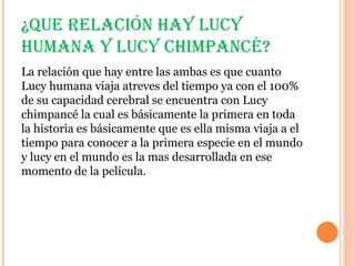 ¿que relaCión hay luCy
humana y luCy ChimpanCé?
La relación que hay entre las ambas es que cuanto
Lucy humana viaja atreves del tiempo ya con el 100%
de su capacidad cerebral se encuentra con Lucy
chimpancé la cual es básicamente la primera en toda
la historia es básicamente que es ella misma viaja a el
tiempo para conocer a la primera especie en el mundo
y lucy en el mundo es la mas desarrollada en ese
momento de la película.
 