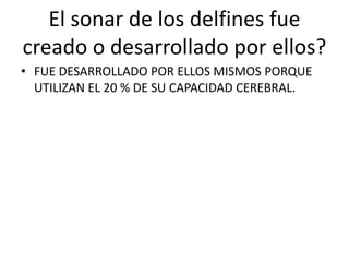 El sonar de los delfines fue
creado o desarrollado por ellos?
• FUE DESARROLLADO POR ELLOS MISMOS PORQUE
UTILIZAN EL 20 % DE SU CAPACIDAD CEREBRAL.
 