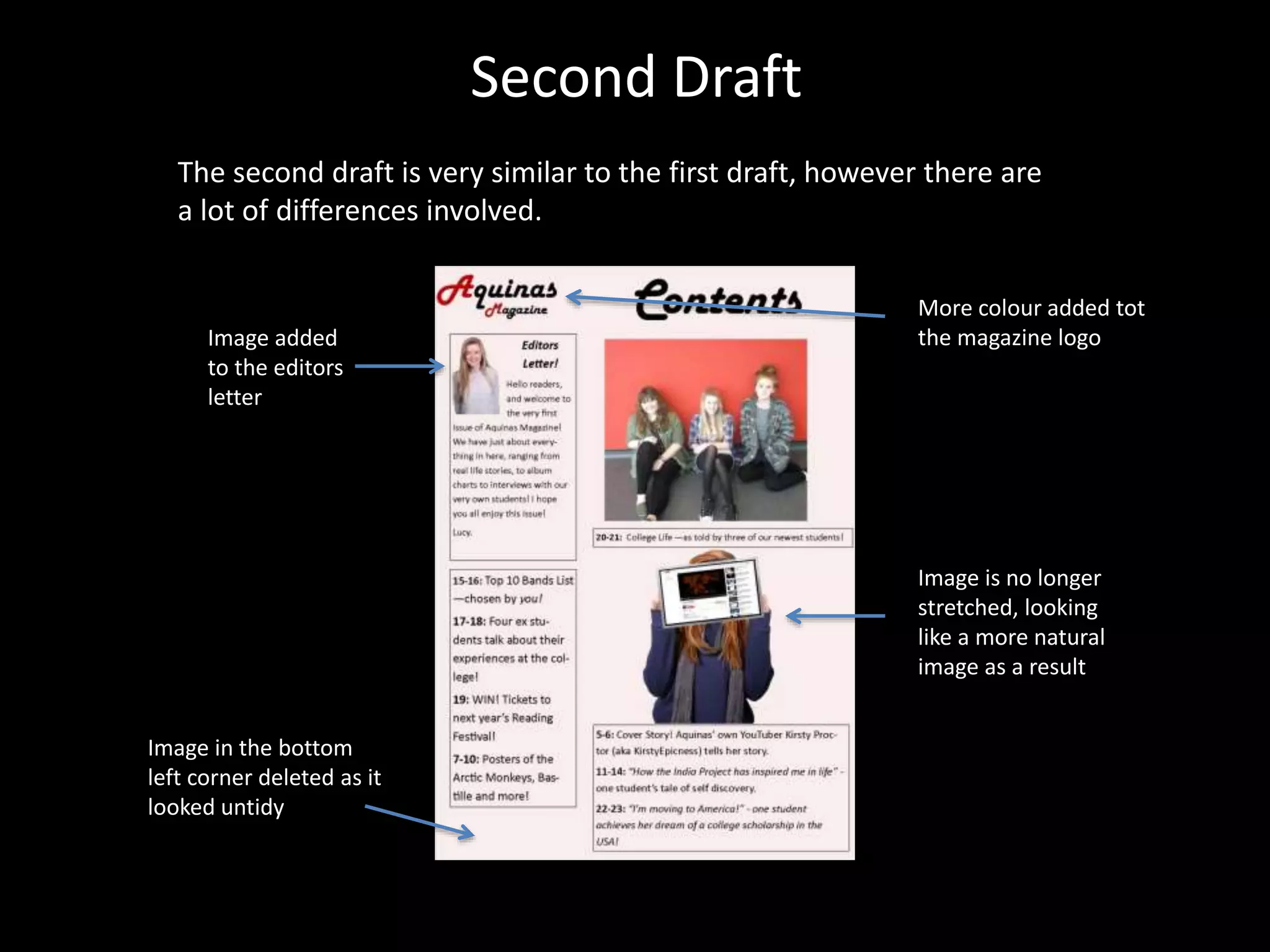 Second Draft
The second draft is very similar to the first draft, however there are
a lot of differences involved.
Image added
to the editors
letter
Image is no longer
stretched, looking
like a more natural
image as a result
Image in the bottom
left corner deleted as it
looked untidy
More colour added tot
the magazine logo
 