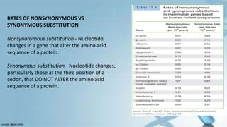 RATES OF NONSYNONYMOUS VS
SYNONYMOUS SUBSTITUTION
Nonsynonymous substitution - Nucleotide
changes in a gene that alter the amino acid
sequence of a protein.
Synonymous substitution - Nucleotide changes,
particularly those at the third position of a
codon, that DO NOT ALTER the amino acid
sequence of a protein.
 