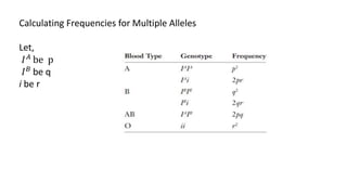 Calculating Frequencies for Multiple Alleles
Let,
𝐼𝐴
be p
𝐼𝐵
be q
i be r
 