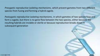 Prezygotic reproductive isolating mechanisms, which prevent gametes from two different
species from fusing and forming a hybrid zygote.
Postzygotic reproductive isolating mechanisms, in which gametes of two species fuse and
form a zygote, but there is no gene flow between the two species, either because the
resulting hybrids are inviable or sterile or because reproduction breaks down in
subsequent generation
 