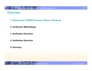 IBM System p
          Mainline Functional Verification of IBM’s POWER7 Processor Core


  Overview

      1. Background: POWER Processor History / Roadmap


      2. Verification Methodology


      3. Verification Execution


      4. Verification Advances


      5. Summary




3 3            © 2006 IBM Corporation
                                        IBM Systems & Technology   DRAFT: IBM Confidential          IBM Systems
                                                                                             © 2010 IBM Corporation
 