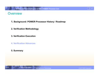 IBM System p
            Mainline Functional Verification of IBM’s POWER7 Processor Core


   Overview

        1. Background: POWER Processor History / Roadmap


        2. Verification Methodology


        3. Verification Execution


        4. Verification Advances


        5. Summary




33 33            © 2006 IBM Corporation
                                          IBM Systems & Technology   DRAFT: IBM Confidential          IBM Systems
                                                                                               © 2010 IBM Corporation
 