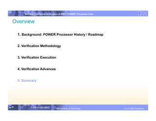 IBM System p
            Mainline Functional Verification of IBM’s POWER7 Processor Core


   Overview

        1. Background: POWER Processor History / Roadmap


        2. Verification Methodology


        3. Verification Execution


        4. Verification Advances


        5. Summary




44 44            © 2006 IBM Corporation
                                          IBM Systems & Technology   DRAFT: IBM Confidential          IBM Systems
                                                                                               © 2010 IBM Corporation
 