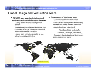 IBM System p
             Mainline Functional Verification of IBM’s POWER7 Processor Core


    Global Design and Verification Team
                                                                         Consequence of distributed team:
          POWER7 team was distributed across 3
         continents and multiple locations, because                          –  dditional communication needs
                                                                              A
            –  sing teams of various competence
             U                                                              –  trict project management with tracking,
                                                                             S
            centers                                                         reviews and clearly defined milestone
             –  igher integration density with more logic
               H                                                            –  entralized data collection &
                                                                             C
             combined on single chip leads to multiple                              Web based data analysis for
             teams joining single chip effort
                                                                                 • Defects, Coverage, Test results, ....
             –  arge team not being available at one
              L
                                                                            –  ocus on standardization and common
                                                                             F
             site at required point in time
                                                                            processes across teams




                                                 Worldwide Locations


46 46             © 2006 IBM Corporation
                                           IBM Systems & Technology         DRAFT: IBM Confidential                  IBM Systems
                                                                                                              © 2010 IBM Corporation
 