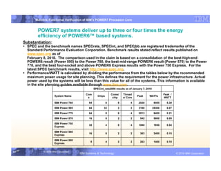 IBM System p
               Mainline Functional Verification of IBM’s POWER7 Processor Core


                 POWER7 systems deliver up to three or four times the energy
                 efficiency of POWER6™ based systems.
        Substantiation:
          SPEC and the benchmark names SPECrate, SPECint, and SPECjbb are registered trademarks of the
           Standard Performance Evaluation Corporation. Benchmark results stated reflect results published on
           www.spec.org as of
           February 8, 2010. The comparison used in the claim is based on a consolidation of the best high-end
           POWER6 result (Power 595) to the Power 780, the best mid-range POWER6 result (Power 570) to the Power
           770, and the best four-socket and above POWER6 Express results with the Power 750 Express. For the
           latest SPEC benchmark results, visit http://www.spec.org.
          Performance/WATT is calculated by dividing the performance from the tables below by the recommended
           maximum power usage for site planning. This defines the requirement for the power infrastructure. Actual
           power used by the systems will be less than this value for all of the systems. This information is available
           in the site planning guides available through www.ibm.com.
                                                        SPECint_rate2006 results as of January 7, 2010

                                                 Core                  Cores/   Thread                           Peak /
                             System Name                   Chips                          Peak      WATTs
                                                  s                     chip    s/ Core                          WATT

                             IBM Power 780         64              8        8        4     2530           6400     0.39
                             IBM Power 595         64           32          2        2     2160          28300     0.07
                             IBM Power 770         64              8        8        4     2013           6400     0.31
                             IBM Power 570         16              8        2        2      542           5600     0.09
                             IBM Power 750
                                                   32              4        8        4     1060           1950     0.54
                             Express

                             IBM Power 560
                                                   16              8        2        2      363           2400     0.15
                             Express

                             IBM Power 550
                                                    8              4        2        2      263           1400     0.18
                             Express


57 57
   57               © 2006 IBM Corporation
                                             IBM Systems & Technology           DRAFT: IBM Confidential                          IBM Systems
                                                                                                                          © 2010 IBM Corporation
 