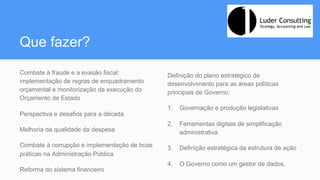 Que fazer?
Combate à fraude e a evasão fiscal:
implementação de regras de enquadramento
orçamental e monitorização da execução do
Orçamento de Estado
Perspectiva e desafios para a década
Melhoria da qualidade da despesa
Combate à corrupção e implementação de boas
práticas na Administração Pública
Reforma do sistema financeiro
Definição do plano estratégico de
desenvolvimento para as áreas políticas
principais de Governo:
1.  Governação e produção legislativas
2.  Ferramentas digitais de simplificação
administrativa
3.  Definição estratégica da estrutura de ação
4.  O Governo como um gestor de dados.
 