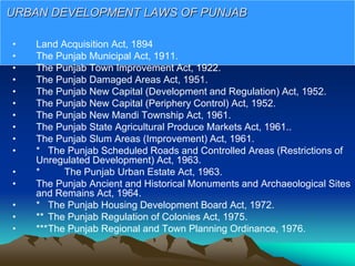 • Land Acquisition Act, 1894
• The Punjab Municipal Act, 1911.
• The Punjab Town Improvement Act, 1922.
• The Punjab Damaged Areas Act, 1951.
• The Punjab New Capital (Development and Regulation) Act, 1952.
• The Punjab New Capital (Periphery Control) Act, 1952.
• The Punjab New Mandi Township Act, 1961.
• The Punjab State Agricultural Produce Markets Act, 1961..
• The Punjab Slum Areas (Improvement) Act, 1961.
• * The Punjab Scheduled Roads and Controlled Areas (Restrictions of
Unregulated Development) Act, 1963.
• * The Punjab Urban Estate Act, 1963.
• The Punjab Ancient and Historical Monuments and Archaeological Sites
and Remains Act, 1964.
• * The Punjab Housing Development Board Act, 1972.
• ** The Punjab Regulation of Colonies Act, 1975.
• ***The Punjab Regional and Town Planning Ordinance, 1976.
URBAN DEVELOPMENT LAWS OF PUNJAB
 