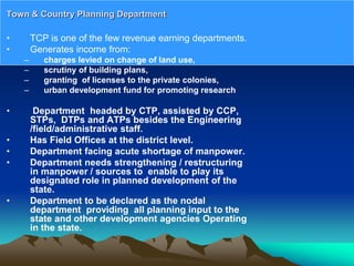 • TCP is one of the few revenue earning departments.
• Generates income from:
– charges levied on change of land use,
– scrutiny of building plans,
– granting of licenses to the private colonies,
– urban development fund for promoting research
• Department headed by CTP, assisted by CCP,
STPs, DTPs and ATPs besides the Engineering
/field/administrative staff.
• Has Field Offices at the district level.
• Department facing acute shortage of manpower.
• Department needs strengthening / restructuring
in manpower / sources to enable to play its
designated role in planned development of the
state.
• Department to be declared as the nodal
department providing all planning input to the
state and other development agencies Operating
in the state.
Town & Country Planning Department
 