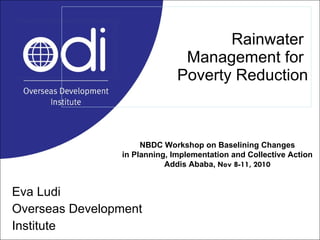 Rainwater  Management for  Poverty Reduction Eva Ludi Overseas Development  Institute  NBDC Workshop on Baselining Changes in Planning, Implementation and Collective Action Addis Ababa,  Nov 8-11, 2010 