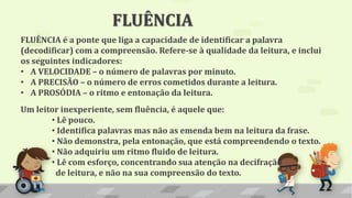 FLUÊNCIA
FLUÊNCIA é a ponte que liga a capacidade de identificar a palavra
(decodificar) com a compreensão. Refere-se à qualidade da leitura, e inclui
os seguintes indicadores:
• A VELOCIDADE – o número de palavras por minuto.
• A PRECISÃO – o número de erros cometidos durante a leitura.
• A PROSÓDIA – o ritmo e entonação da leitura.
Um leitor inexperiente, sem fluência, é aquele que:
• Lê pouco.
• Identifica palavras mas não as emenda bem na leitura da frase.
• Não demonstra, pela entonação, que está compreendendo o texto.
• Não adquiriu um ritmo fluido de leitura.
• Lê com esforço, concentrando sua atenção na decifração
de leitura, e não na sua compreensão do texto.
 