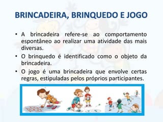 • A brincadeira refere-se ao comportamento
espontâneo ao realizar uma atividade das mais
diversas.
• O brinquedo é identificado como o objeto da
brincadeira.
• O jogo é uma brincadeira que envolve certas
regras, estipuladas pelos próprios participantes.
 