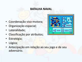 BATALHA NAVAL
• Coordenação viso-motora;
• Organização espacial;
• Lateralidade;
• Classificação por atributos;
• Estratégia;
• Lógica;
• Antecipação em relação ao seu jogo e de seu
adversário.
 