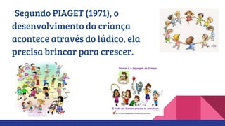 Segundo PIAGET (1971), o
desenvolvimento da criança
acontece através do lúdico, ela
precisa brincar para crescer.
 