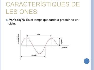 CARACTERÍSTIQUES DE
LES ONES
 Període(T): És el temps que tarda a produir-se un
cicle.
 