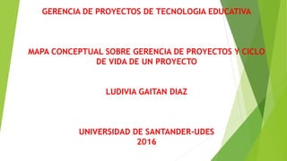 GERENCIA DE PROYECTOS DE TECNOLOGIA EDUCATIVA
MAPA CONCEPTUAL SOBRE GERENCIA DE PROYECTOS Y CICLO
DE VIDA DE UN PROYECTO
L...