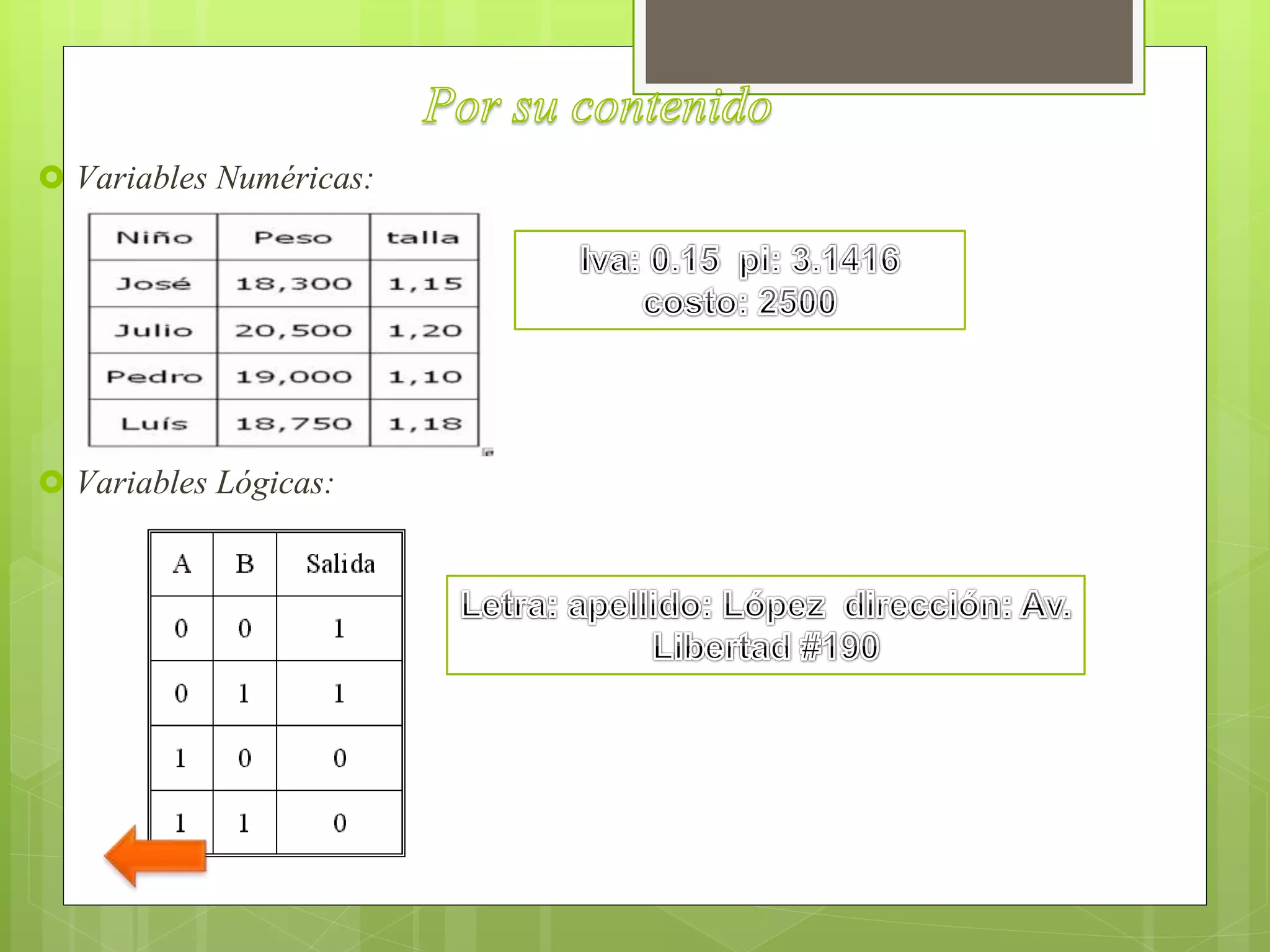  Variables Numéricas:
 Variables Lógicas:
 