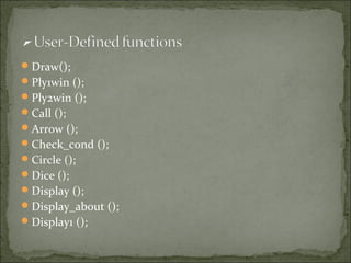 Draw();
Ply1win ();
Ply2win ();
Call ();
Arrow ();
Check_cond ();
Circle ();
Dice ();
Display ();
Display_about ();
Display1 ();
 