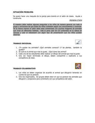 SITUACIÓN PROBLEMA

Se quiere hacer una maqueta de la granja para tenerla en el salón de clases. Ayuda a
construirla.
                                                                        PRIMERA ETAPA

El maestro debe realizar algunas preguntas a los niños de manera general con todo el
grupo y cerciorarse de que todos los niños contesten según sus conocimientos y vivencias.
De la misma manera el salón debe estar ambientado con muchas imágenes de animales
que vivan en diferentes habitats. Vale la pena usar los CD contenidos en la cdteca de
ciencias y usar el videobeam con algún tipo de presentación que los niños puedan
observar.




TRABAJO INIVIDUAL

   1. ¿Te gustan los animales? ¿Qué animales conoces? ¿Y las plantas, también te
      gustan?
   2. Di cuál es el animal que mas te gusta. ¿Qué come ese animal?
   3. Cada uno de los estudiantes debe realizar un dibujo del animal que mas le gusta.
   4. Una vez hayan terminado el dibujo, deben compartirlo y explicarlo a sus
      compañeros de clase.




TRABAJO COLABORATIVO

   1. Los niños se deben organizar de acuerdo al animal que dibujaron teniendo en
      cuenta los que se parecen.
   2. Una vez organizados, los grupos deben decir en que se parecen los animales que
      dibujaron y prepararse para comentarlo con sus compañeros del salón.
 