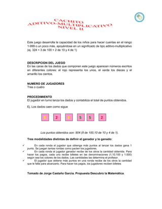 Este juego desarrolla la capacidad de los niños para hacer cuentas en el rango
    1-999 o un poco más, apoyándose en un significado de tipo aditivo-multiplicativo
    (ej. 324 = 3 de 100 + 2 de 10 y 4 de 1)



    DESCRIPCION DEL JUEGO
    En las caras de los dados que componen este juego aparecen números escritos
    en diferentes colores: el rojo representa los unos, el verde los dieces y el
    amarillo los cientos.


    NUMERO DE JUGADORES
    Tres o cuatro


    PROCEDIMIENTO
    El jugador en turno lanza los dados y contabiliza el total de puntos obtenidos.

    Ej. Los dados caen como sigue


                 5        2         3         5       5        2


              Los puntos obtenidos son: 904 (8 de 100,10 de 10 y 4 de 1).

    Tres modalidades distintas de definir el ganador y lo ganado:

         En cada ronda el jugador que obtenga más puntos al lanzar los dados gana 1
    punto. Se juegan tantas rondas como pacten los jugadores.
         En cada ronda el jugador ganador recibe de los otros la cantidad obtenida. Para
    hacer los pagos, cada uno recibe billetes en las denominaciones (1,10,100 y 1.000)
    según sea los colores de los dados. Las cantidades las determina el profesor.
         El jugador que obtiene más puntos en una ronda recibe de los otros la cantidad
    que le falta para alcanzarlo. Para hacer los pagos, los jugadores reciben billetes


    Tomado de Jorge Castaño Garcia. Propuesta Descubro la Matemática.
 