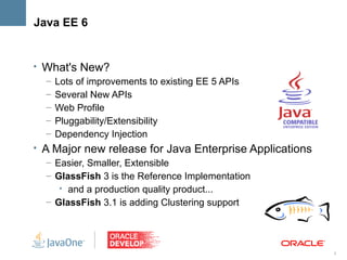 Java EE 6


• What's New?
   – Lots of improvements to existing EE 5 APIs
   – Several New APIs
   – Web Profile
   – Pluggability/Extensibility
   – Dependency Injection
• A Major new release for Java Enterprise Applications
   – Easier, Smaller, Extensible
   – GlassFish 3 is the Reference Implementation
      • and a production quality product...
   – GlassFish 3.1 is adding Clustering support




                                                         5
 