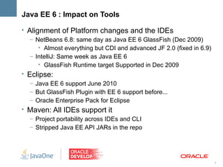 Java EE 6 : Impact on Tools

• Alignment of Platform changes and the IDEs
   – NetBeans 6.8: same day as Java EE 6 GlassFish (Dec 2009)
      • Almost everything but CDI and advanced JF 2.0 (fixed in 6.9)
   – IntelliJ: Same week as Java EE 6
      • GlassFish Runtime target Supported in Dec 2009
• Eclipse:
   – Java EE 6 support June 2010
   – But GlassFish Plugin with EE 6 support before...
   – Oracle Enterprise Pack for Eclipse
• Maven: All IDEs support it
   – Project portability across IDEs and CLI
   – Stripped Java EE API JARs in the repo




                                                                       9
 