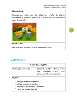 TRABAJO DE INVESTIGACIÓN – ANÁLISIS
Nombre: ESTHER RODRÍGUEZ GARCÍA
10
DESARROLLO:
Haremos una hucha, para ello utilizaremos botellas de plástico.
Cortaremos la botella de plástico. Y en la superficie la decoraran al
gusto de cada niño.
EVALUACIÓN:
¿Participa en la actividad? ¿Utiliza material reciclado?
ACTIVIDAD 9:
CASA DE JUEGOS
Tiempo aprox.: 4 horas Material: cartón, plástico, vidrio,
celo, pegamento, tijeras, telas,
pinturas, rotuladores, acuarelas.
Objetivo:
 Trabajar de forma cooperativa.
 Utilizar de material reciclado
 Respetar la opinión de los compañeros
 Hacer una casa de juguetes.
 