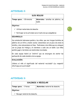 TRABAJO DE INVESTIGACIÓN – ANÁLISIS
Nombre: ESTHER RODRÍGUEZ GARCÍA
4
ACTIVIDAD 2:
¡LOS BOLOS!
Tiempo aprox. : 30 minutos Materiales: botellas de plástico, un
balón
Objetivos:
 Utilizar materiales de desecho
 Participar en la actividad con el resto de sus compañeros
DESARROLLO:
Con antelación habremos pedido a los niños, que nos traigan botellas de
plástico de un 1litro y medio vacías. Llenaremos con un poco de arena la
botella, y las colocaremos en línea. Pediremos a los niños que se coloquen
con su grupo de trabajo y le daremos a cada uno un balón. Los niños
podrán jugar a los bolos con materiales reciclados.
En cada equipo habrá un “arbitro” que se encargara de anotar las
puntuación de cada miembro de su equipo.
EVALUACIÓN:
¿Valora el niño el significado del material reciclado? ¿Lo respeta?
¿Participa en la actividad?
ACTIVIDAD 3:
¡SALIMOS A RECICLAR!
Tiempo aprox. : 3 horas Materiales: material de desecho
Objetivos:
 Recoger material de desecho.
 