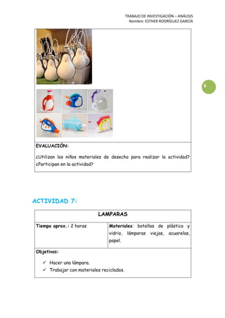 TRABAJO DE INVESTIGACIÓN – ANÁLISIS
Nombre: ESTHER RODRÍGUEZ GARCÍA
8
EVALUACIÓN:
¿Utilizan los niños materiales de desecho para realizar la actividad?
¿Participan en la actividad?
ACTIVIDAD 7:
LAMPARAS
Tiempo aprox.: 2 horas Materiales: botellas de plástico y
vidrio, lámparas viejas, acuarelas,
papel.
Objetivos:
 Hacer una lámpara.
 Trabajar con materiales reciclados.
 