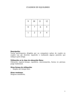 11
9 10 11 12
8 7 6 5
1 2 3 4
CUADROS EN EQUILIBRIO
Descripción:
Varios participantes dirigidos por un compañero saltan de cuadro en
cuadro con pie derecho, izquierdo o realizando alguna posición que
indique quien dirige.
Utilización en la clase de educación física:
Ubicación espacio-tiempo, equilibrio, sincronización, fuerza en piernas;
juego tradicional.
Otras formas de utilización:
- Empleo del tiempo libre.
Otras versiones:
Ninguna manifiesta.
 