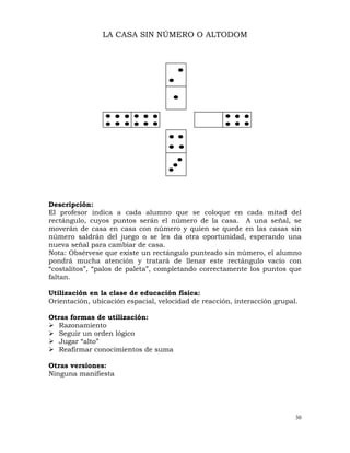 30
LA CASA SIN NÚMERO O ALTODOM
Descripción:
El profesor indica a cada alumno que se coloque en cada mitad del
rectángulo, cuyos puntos serán el número de la casa. A una señal, se
moverán de casa en casa con número y quien se quede en las casas sin
número saldrán del juego o se les da otra oportunidad, esperando una
nueva señal para cambiar de casa.
Nota: Obsérvese que existe un rectángulo punteado sin número, el alumno
pondrá mucha atención y tratará de llenar este rectángulo vacío con
“costalitos”, “palos de paleta”, completando correctamente los puntos que
faltan.
Utilización en la clase de educación física:
Orientación, ubicación espacial, velocidad de reacción, interacción grupal.
Otras formas de utilización:
¾ Razonamiento
¾ Seguir un orden lógico
¾ Jugar “alto”
¾ Reafirmar conocimientos de suma
Otras versiones:
Ninguna manifiesta
 