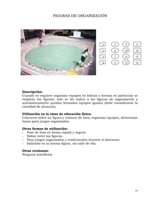 35
FIGURAS DE ORGANIZACIÓN
Descripción:
Cuando se requiere organizar equipos en hileras o formas en particular se
emplean las figuras; solo se les indica a las figuras de organización y
automáticamente quedan formados equipos iguales (debe considerarse la
cantidad de alumnos).
Utilización en la clase de educación física:
Colocarse sobre su figura y número de lista, organizar equipos, determinar
bases para juegos organizados.
Otras formas de utilización:
- Pase de lista en forma rápida y segura.
- Saltar entre las figuras.
- Para juegos organizados y tradicionales durante el descanso.
- Saltando en la misma figura, sin salir de ella.
Otras versiones:
Ninguna manifiesta
1
2
3
4
5
6
7
8
9
10
11
12
13
14
15
16
 