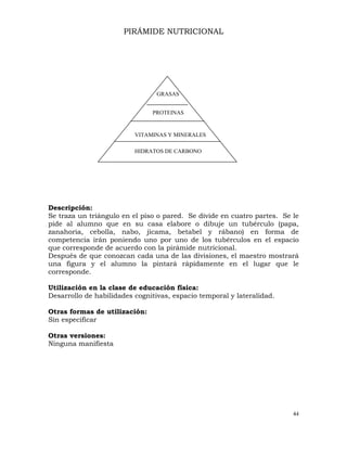44
PIRÁMIDE NUTRICIONAL
Descripción:
Se traza un triángulo en el piso o pared. Se divide en cuatro partes. Se le
pide al alumno que en su casa elabore o dibuje un tubérculo (papa,
zanahoria, cebolla, nabo, jícama, betabel y rábano) en forma de
competencia irán poniendo uno por uno de los tubérculos en el espacio
que corresponde de acuerdo con la pirámide nutricional.
Después de que conozcan cada una de las divisiones, el maestro mostrará
una figura y el alumno la pintará rápidamente en el lugar que le
corresponde.
Utilización en la clase de educación física:
Desarrollo de habilidades cognitivas, espacio temporal y lateralidad.
Otras formas de utilización:
Sin especificar
Otras versiones:
Ninguna manifiesta
GRASAS
PROTEINAS
VITAMINAS Y MINERALES
HIDRATOS DE CARBONO
 