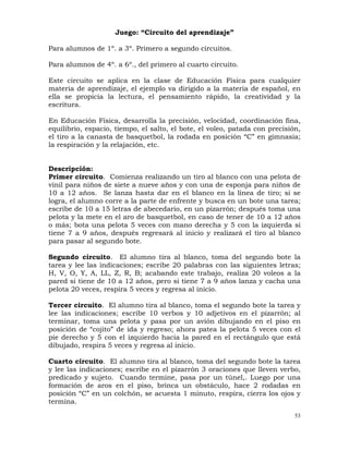 53
Juego: “Circuito del aprendizaje”
Para alumnos de 1º. a 3º. Primero a segundo circuitos.
Para alumnos de 4º. a 6º., del primero al cuarto circuito.
Este circuito se aplica en la clase de Educación Física para cualquier
materia de aprendizaje, el ejemplo va dirigido a la materia de español, en
ella se propicia la lectura, el pensamiento rápido, la creatividad y la
escritura.
En Educación Física, desarrolla la precisión, velocidad, coordinación fina,
equilibrio, espacio, tiempo, el salto, el bote, el voleo, patada con precisión,
el tiro a la canasta de basquetbol, la rodada en posición “C” en gimnasia;
la respiración y la relajación, etc.
Descripción:
Primer circuito. Comienza realizando un tiro al blanco con una pelota de
vinil para niños de siete a nueve años y con una de esponja para niños de
10 a 12 años. Se lanza hasta dar en el blanco en la línea de tiro; si se
logra, el alumno corre a la parte de enfrente y busca en un bote una tarea;
escribe de 10 a 15 letras de abecedario, en un pizarrón; después toma una
pelota y la mete en el aro de basquetbol, en caso de tener de 10 a 12 años
o más; bota una pelota 5 veces con mano derecha y 5 con la izquierda si
tiene 7 a 9 años, después regresará al inicio y realizará el tiro al blanco
para pasar al segundo bote.
Segundo circuito. El alumno tira al blanco, toma del segundo bote la
tarea y lee las indicaciones; escribe 20 palabras con las siguientes letras;
H, V, O, Y, A, LL, Z, R, B; acabando este trabajo, realiza 20 voleos a la
pared si tiene de 10 a 12 años, pero si tiene 7 a 9 años lanza y cacha una
pelota 20 veces, respira 5 veces y regresa al inicio.
Tercer circuito. El alumno tira al blanco, toma el segundo bote la tarea y
lee las indicaciones; escribe 10 verbos y 10 adjetivos en el pizarrón; al
terminar, toma una pelota y pasa por un avión dibujando en el piso en
posición de “cojito” de ida y regreso; ahora patea la pelota 5 veces con el
pie derecho y 5 con el izquierdo hacia la pared en el rectángulo que está
dibujado, respira 5 veces y regresa al inicio.
Cuarto circuito. El alumno tira al blanco, toma del segundo bote la tarea
y lee las indicaciones; escribe en el pizarrón 3 oraciones que lleven verbo,
predicado y sujeto. Cuando termine, pasa por un túnel,. Luego por una
formación de aros en el piso, brinca un obstáculo, hace 2 rodadas en
posición “C” en un colchón, se acuesta 1 minuto, respira, cierra los ojos y
termina.
 