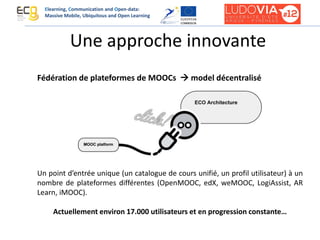 Une approche innovante
Fédération de plateformes de MOOCs  model décentralisé
Un point d’entrée unique (un catalogue de cours unifié, un profil utilisateur) à un
nombre de plateformes différentes (OpenMOOC, edX, weMOOC, LogiAssist, AR
Learn, iMOOC).
Actuellement environ 17.000 utilisateurs et en progression constante…
Elearning, Communication and Open-data:
Massive Mobile, Ubiquitous and Open Learning
 