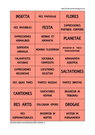 http://professorlule.blogspot.com
ESTAS SON LAS FICHAS DEL NIVEL C
INSECTA RES PARVULAE FLORES
RES INVISIBILES FESTA
EXPRESSIONES
PARTIBUS CORPORIS
EXPRESSIONES
ANIMALIBUS
HERBAE ET
AROMATA
PLANETAE
SERPENTIA
ANIMALIA
NOMINA FLUVIORUM
INVENITUR IN THECA
MEDICAMENTARIA
CALAMITATES
NATURAE
VOCABULA
COMPOSITA
ARMAMENTA
ADDITICIA
EXPRESSIONES
RELIGIOSAE
LOCUTIONES
SELECTAE
SALTATIONES
RES QUAS TIMES PARTES RAEDAE PARTES BIROTAE
CANTIONES
CANTATORES
HISPANI
INVENITUR IN
TRIBUNALI
RES ARTIS COLLOQUIA OPERIS DROGAE
RES
SUPRANATURALES
INVENITUR IN
NUPTIIS
IACITUR IN
PURGAMENTA
 