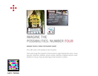 IMAGINE THE
POSSIBILITIES: NUMBER FOUR
IMAGINE YOU’RE A FAMILY RESTAURANT CHAIN?

Put a QR code in the window of each location.

That code brings the prospect to that location’s page showing the menu, hours,
specials, directions, address, phone number, delivery or takeout service—even
whether or not you have job openings at that location or others.
 